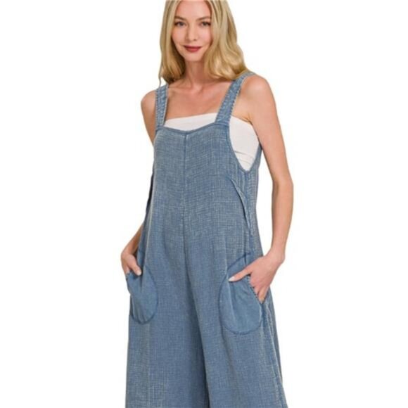 Zenana Double Gauze Washed Wide Leg Overalls - Picture 2 of 3